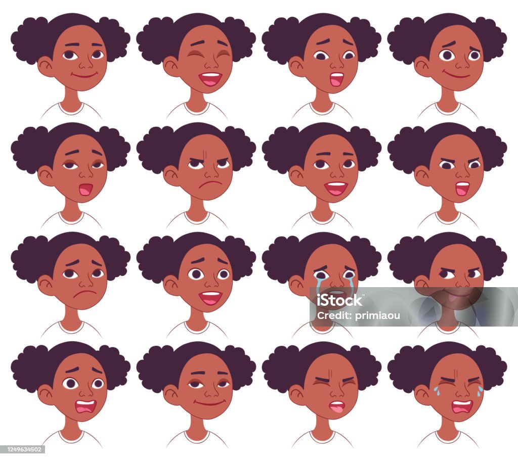 Black African American Girls Facial Emotions Set Stock Illustration -  Download Image Now - Child, Human Face, Fictional Character - iStock