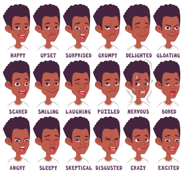 illustrations, cliparts, dessins animés et icônes de les émotions faciales du garçon afro-américain noir ensemble. - portrait bouche ouverte
