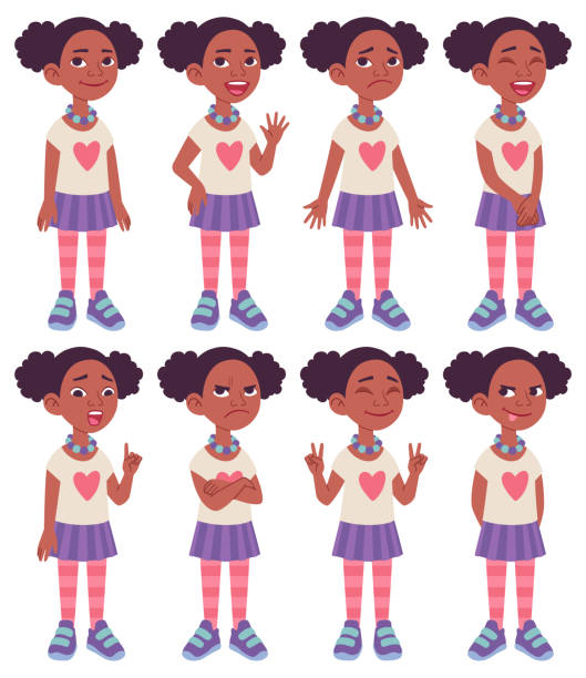 ilustraciones, imágenes clip art, dibujos animados e iconos de stock de hoja de modelo de diseño de caracteres de dibujos animados. chica afroamericana negra. - little girls