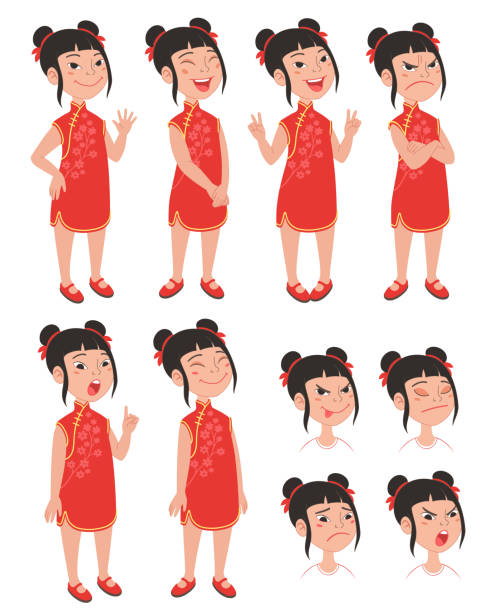 中国の伝統的な清samドレスモデルシートで漫画アジアの女の子のキャラクター。 - chinese culture china chinese ethnicity human face点のイラスト素材／クリップアート素材／マンガ素材／アイコン素材