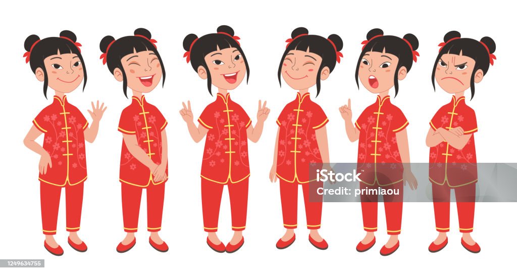 Cartoon Asian Girl In Chinese New Year Festive Costume Character Model  Sheet Stock Illustration - Download Image Now - iStock