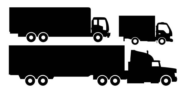 lastwagen und anhänger schwarz und weiß isoliert weißen hintergrund. - truck delivery van isolated freight transportation stock-grafiken, -clipart, -cartoons und -symbole