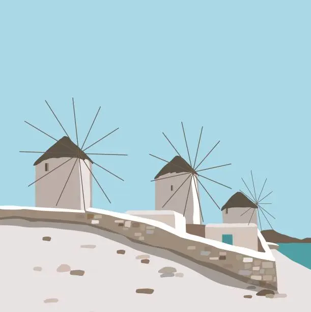 Vector illustration of Windmill blue sky background island landscape Greece