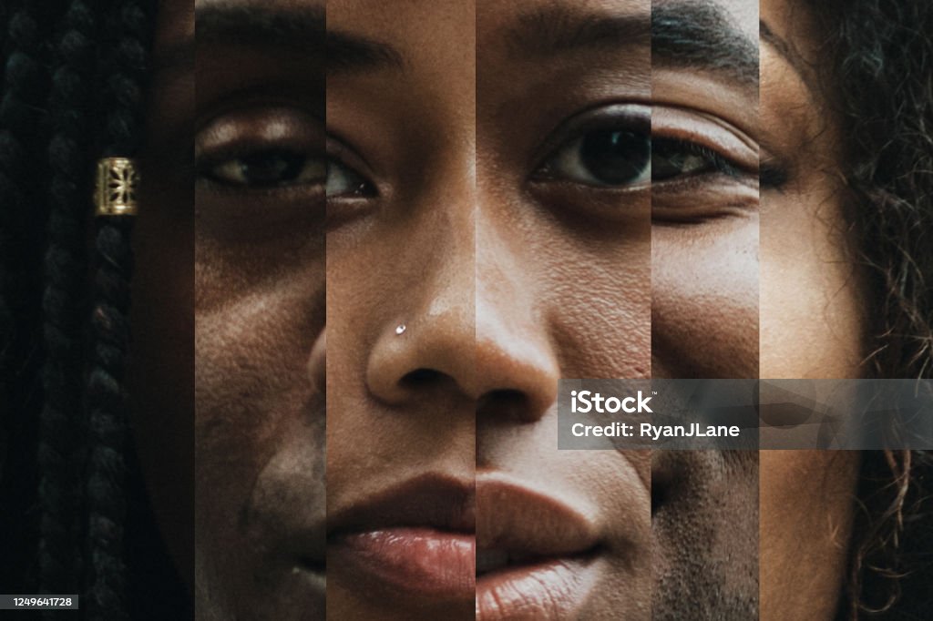 Composite of Portraits With Varying Shades of Skin A montage blend of African American faces close up, both men and women with different shades and colors in skin tone.  Melanin beauty. Human Face Stock Photo