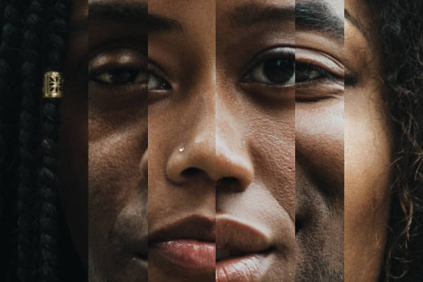 Composite of Portraits With Varying Shades of Skin A montage blend of African American faces close up, both men and women with different shades and colors in skin tone.  Melanin beauty. close up stock pictures, royalty-free photos & images