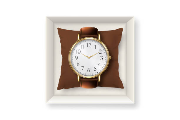 ilustraciones, imágenes clip art, dibujos animados e iconos de stock de 3d vector realista oro clásico vintage unisex reloj de muñeca con números romanos en la caja de papel icono de primer plano aislado sobre fondo blanco. plantilla de diseño de reloj de pulsera con brazalete de cuero. vista superior - retro revival digitally generated image computer graphic single object