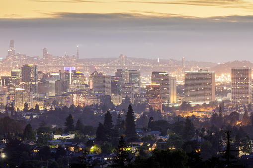 Panoramic Cityscapes of Oakland and San Francisco at Dusk