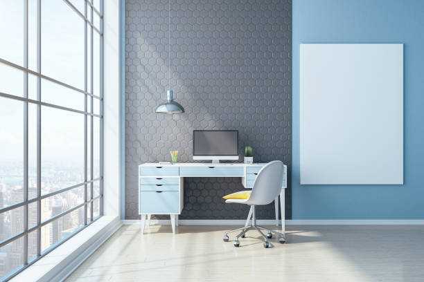 istock Workplace in home office with blank banner 1249648410