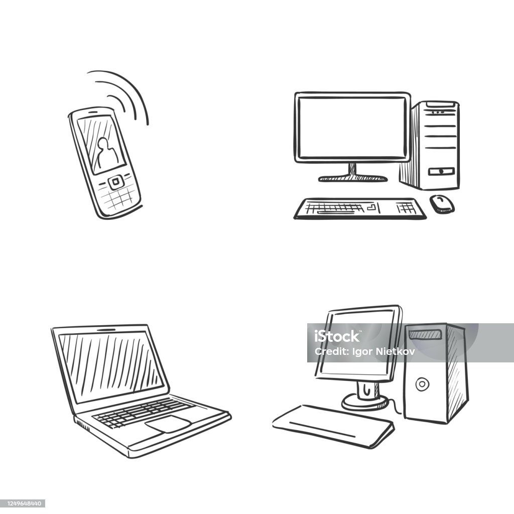 Draw Communication Computers Hand Draw Doodle Computer Laptop And Phone Stock Illustration ...