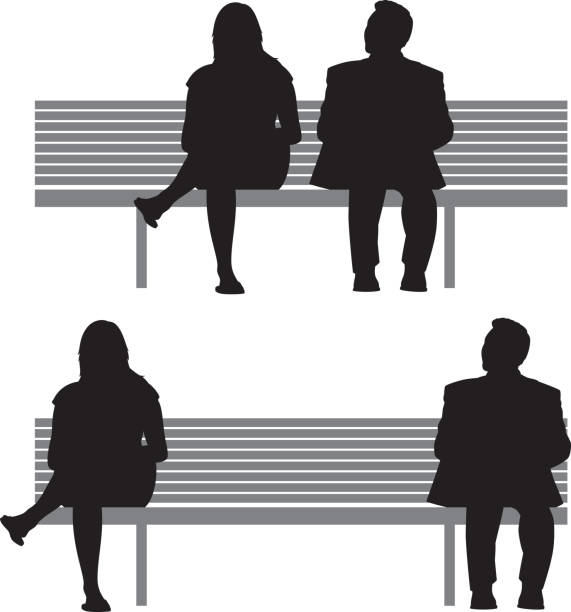 ilustrações de stock, clip art, desenhos animados e ícones de woman and man sitting on bench silhouettes - bench park park bench silhouette