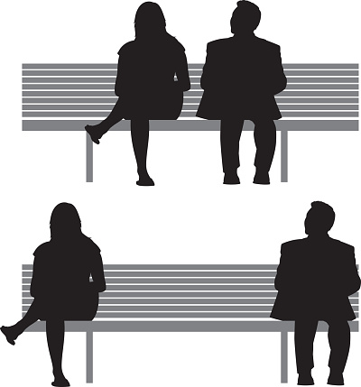 Vector silhouettes of a woman and a man sitting on a bench close together and far apart.