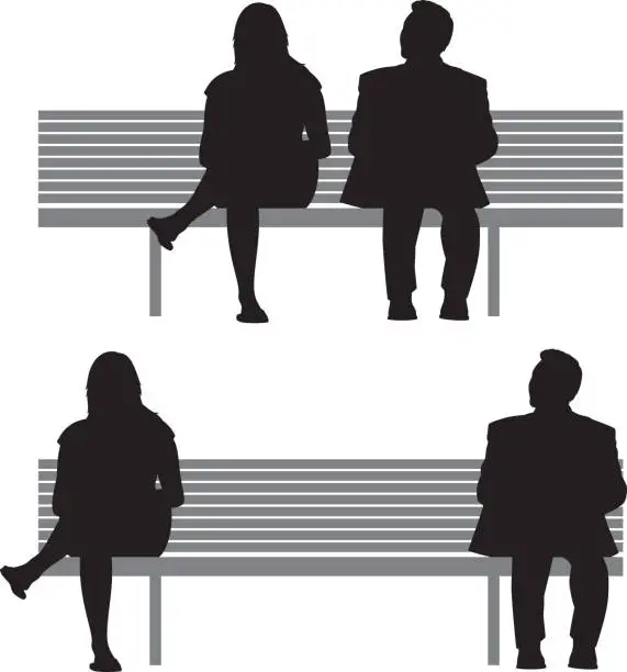 Vector illustration of Woman and Man Sitting on Bench Silhouettes