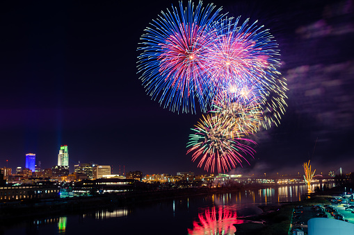 Celebrating New Year's Fireworks over the Missouri River with reflection and Omaha in background.