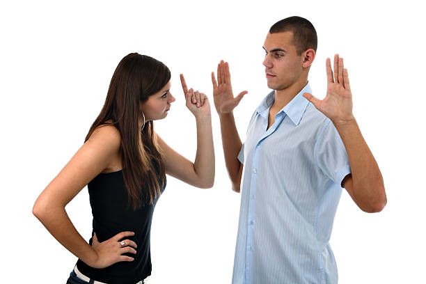 istock Girl scolding cheater boy isolated on white 124965576