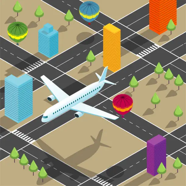 Vector illustration of Vector drawn city scene, passenger plane flying at low altitude, the image contains hot air balloons, trees and houses.