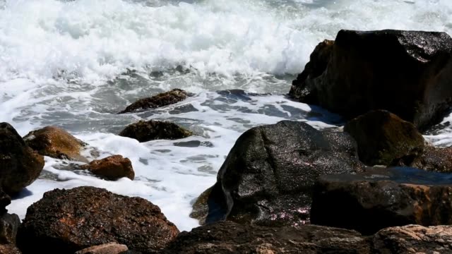 Scenic view of sea waves splashing crushing on cliffs rocks at Ocean beach San Francisco California. Foamy water bright sunlight