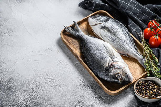 istock Raw Dorado fish with cooking ingredients, cherry tomatoes, thyme, pepper. Gray background. top view. Copy space 1249658583