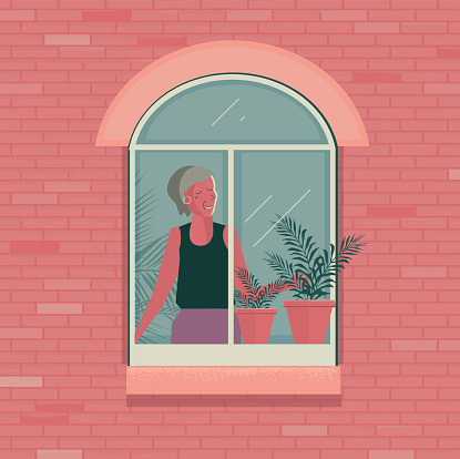 Vector illustration of a senior woman  seen through a window inside their home tending to house plants during quarantine or self isolation, doing activities in their home.  Includes fully editable eps 10 vector with jpg.