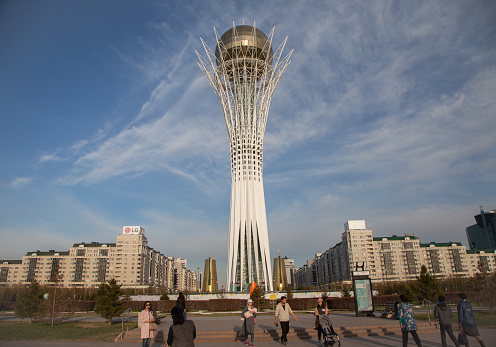 Skyline of Astana (now Nur-Sultan) with Bayterek Tower, capital of Kazakhstan.Nur-Sultan,Kazakhstan 28 April 2017