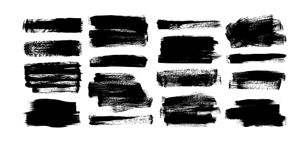 Vector black paint, rectangular ink brush stroke and shapes set. Dirty grunge design element, box or background for text. Grungy smears and rough stains. Hand drawn ink illustration isolated on white