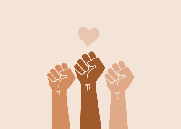 Multiracial human hands raised with clenched fists below a heart shape, isolated on a light background. Multiple hands raised with clenched fists in protest. Symbol of strength, freedom and struggle against police brutality. Human rights, protest, girl power, feminism and equality concept. girl power stock illustrations