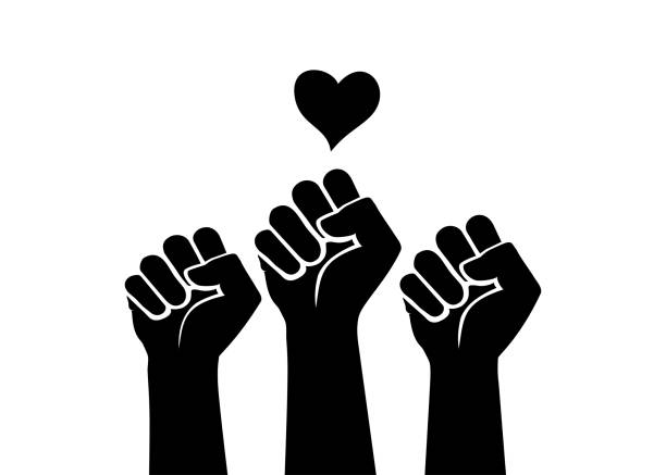 Human hands raised with clenched fists and love icon, isolated on white background. Human rights, justice and equality concept. protest symbol. Multiple hands raised with clenched fists and a love icon, isolated on white background. Protests against police brutality and discrimination. civil rights stock illustrations