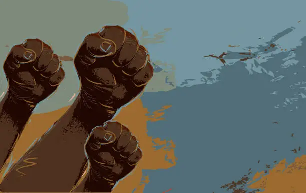 Vector illustration of Group of protesters or activists hands in the air