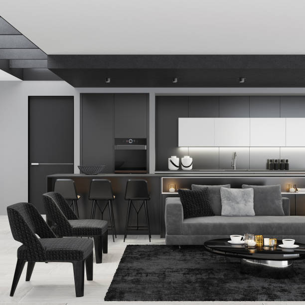 istock Luxury black interior living room with modern minimalist Italian style open space kitchen with big long kitchen island. 1249664608