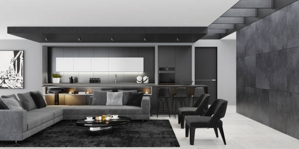 istock Luxury black interior living room with modern minimalist Italian style open space kitchen with big long kitchen island. 1249664647