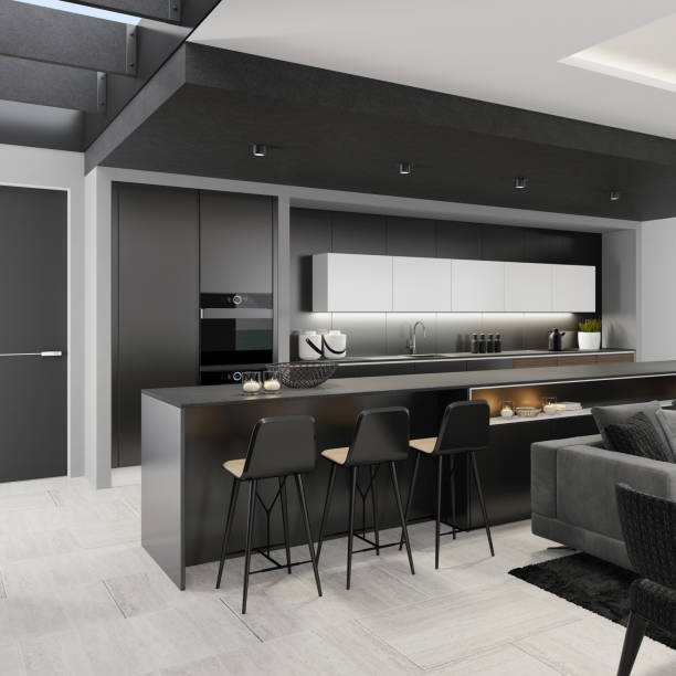 istock Luxury black interior living room with modern minimalist Italian style open space kitchen with big long kitchen island. 1249664655