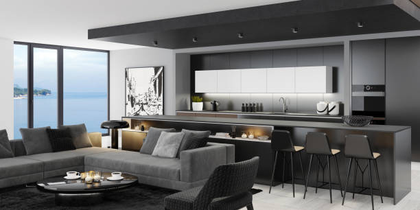 istock Luxury black interior living room with modern minimalist Italian style open space kitchen with big long kitchen island. 1249664679