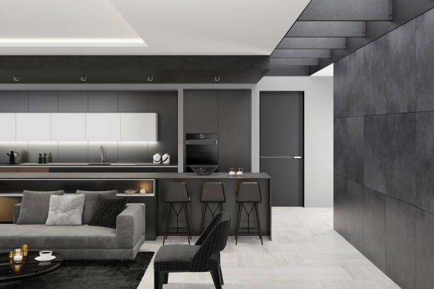 istock Luxury black interior living room with modern minimalist Italian style open space kitchen with big long kitchen island. 1249664700