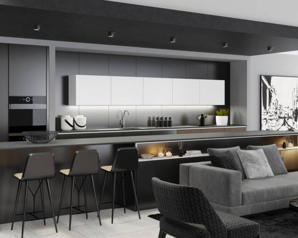 istock Luxury black interior living room with modern minimalist Italian style open space kitchen with big long kitchen island. 1249664720