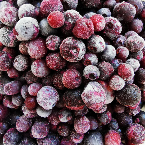 istock Frozen blueberries dark and red background, summer wild fruits 1249667321