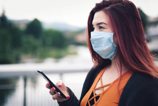 istock Woman Wearing Protective Face Mask And Using Smart Phone Outdoor. 1249667703
