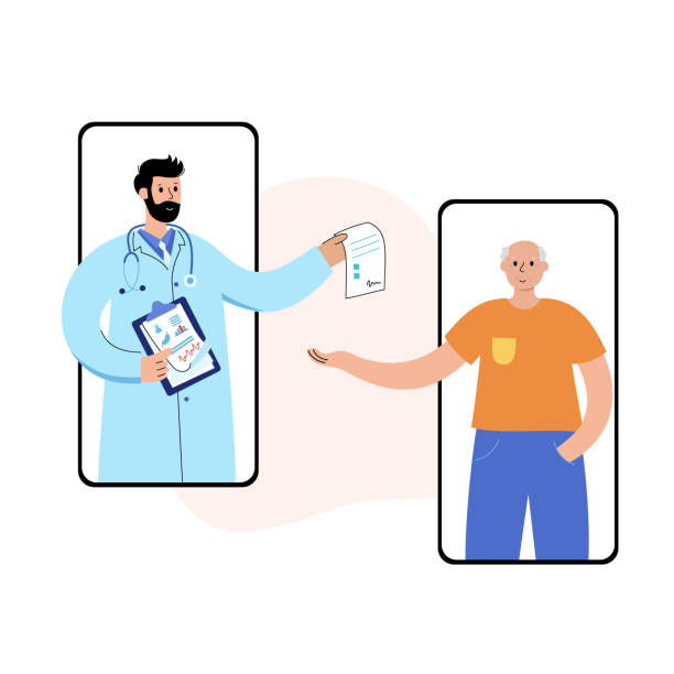 OnlineDoctor Pharmacist or doctor gives prescription to a senior man via application on phone. Flat vector illustration, medical poster. Online pharmacy, consult concept. Adult and eldery male cartoon characters. old remote control stock illustrations