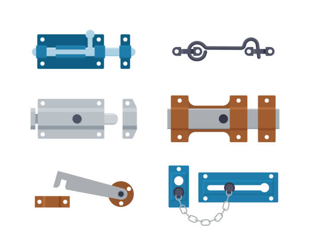 zestaw metalowych zatrzasków bramowych, śrub drzwiowych, haków i łańcuchów. stalowy sprzęt bezpieczeństwa. wektor - stainless steal stock illustrations