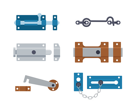 Set of metal gate latchs, door bolts, hooks and chain. Steel safety hardware. Vector illustration in flat style on white background.