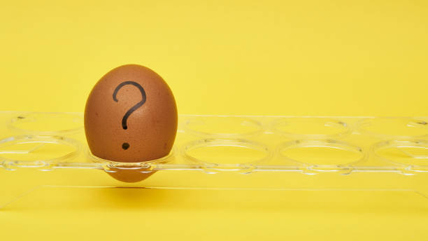 istock Chicken eggs in an egg stand. Tray for eggs. Half an egg, egg yolk, shell. Emotions and facial expressions on eggs, a question mark on an egg. Black egg. 1249669057