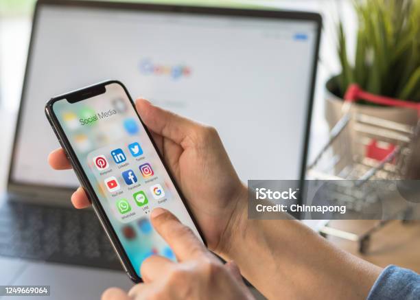 Social Media App For Digital Marketing Ecommerce On Smartphone Mobile Online Applicatiion Via Multichannel Crosschannel Internet Technology Stock Photo - Download Image Now