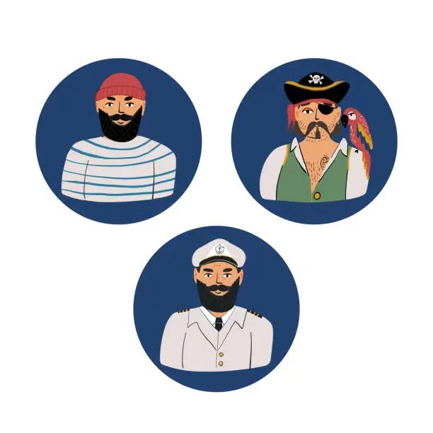 Vector illustration of Portraits of a sea wolfs and ocean conquerors.A fisherman in a striped vest and a beanie,a pirate with a parrot on his shoulder in a cocked hat,a captain in a professional marine uniform with epaulets