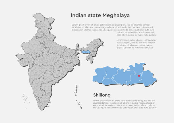 Vector India country map and state Meghalaya Detailed vector India country outline border map isolated on background. Meghalaya state, region, area, province, territory, department for your report, infographic, backdrop, business concept assam stock illustrations