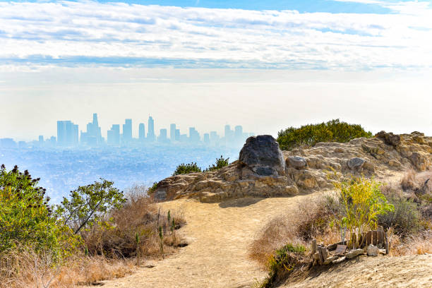 Hiking Trails Landscape and Los Angeles City Skyline Hiking Trails Landscape and Los Angeles City Skyline griffith park photos stock pictures, royalty-free photos & images