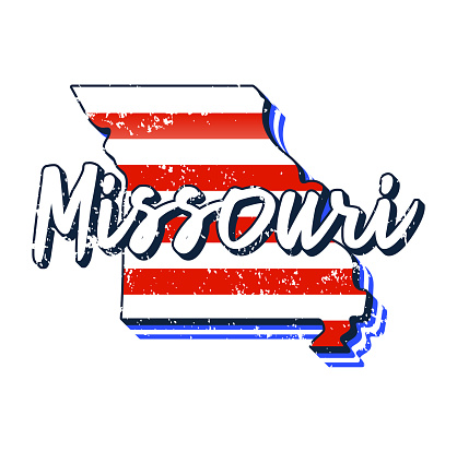 American flag in missouri state map. Vector grunge style with Typography hand drawn lettering missouri on map shaped old grunge vintage American national flag isolated on white background
