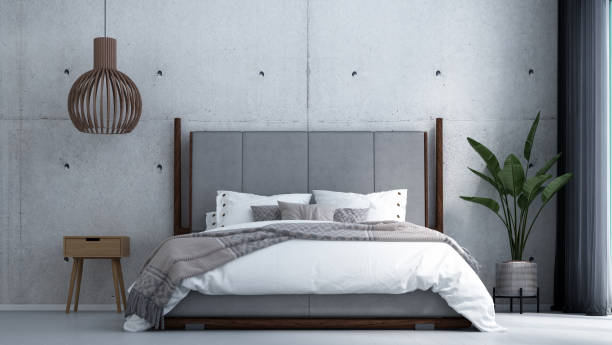 istock Modern tropical bedroom interior design and concrete texture wall background 1249679405
