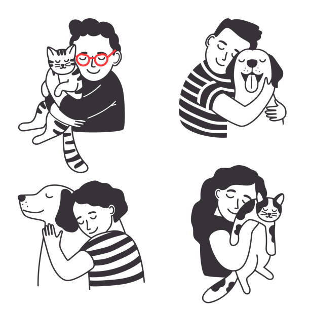 애완동물 세트가 있는 어린이 - child domestic cat little boys pets stock illustrations