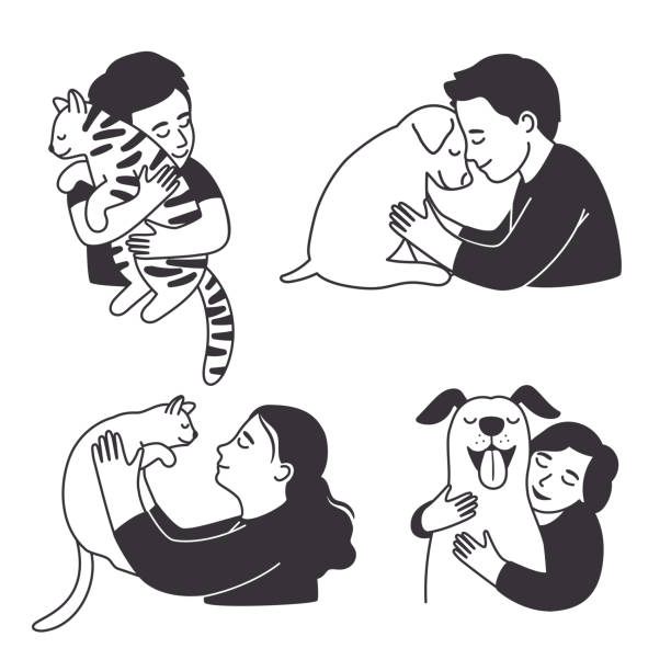 illustrazioni stock, clip art, cartoni animati e icone di tendenza di i bambini dei cartoni animati amano gli animali domestici - tame