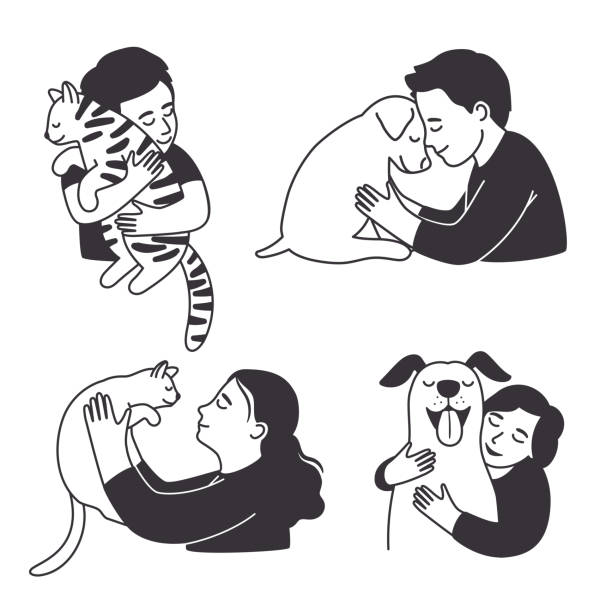 만화 아이들은 가정 동물을 사랑 - child domestic cat little boys pets stock illustrations