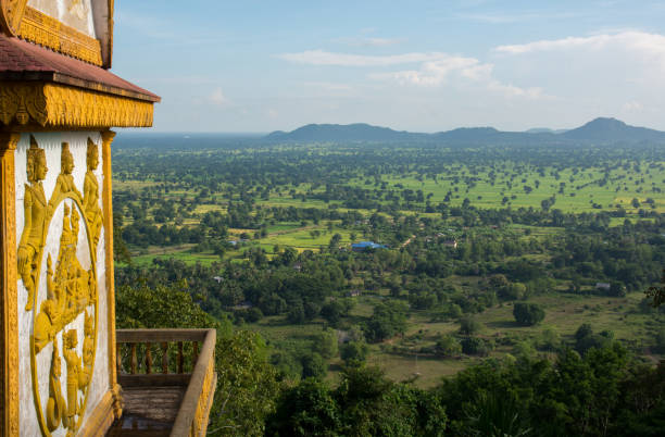 Dramatic view from hilltop Phnom Sampeau temple. stock photo