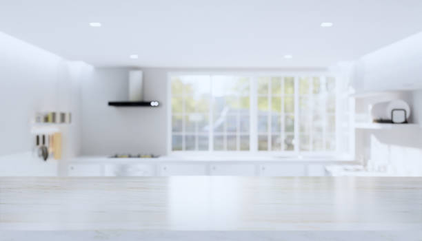 istock 3d rendering of marble counter product display with kitchen blurred background. 1249692832